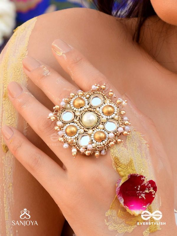 Darpanmaye- The Ornate Mirrors- Mirror, Resham And Beads Hand Embroidered Golden Ring (Adjustable)