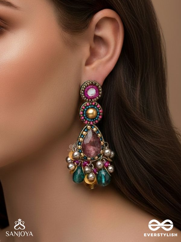 Agrihini - The Amethyst Glow - Stones, Mirrors, Coins And Glass Drops Hand Embroidered Earrings