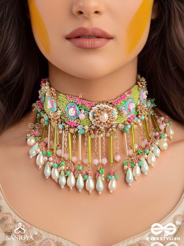 MANJUSUMANA - BEAUTIFUL BLOSSOM - BEADS, SEQUINS AND PEARL DROPS HAND EMBROIDERED CHOKER NECKPIECE