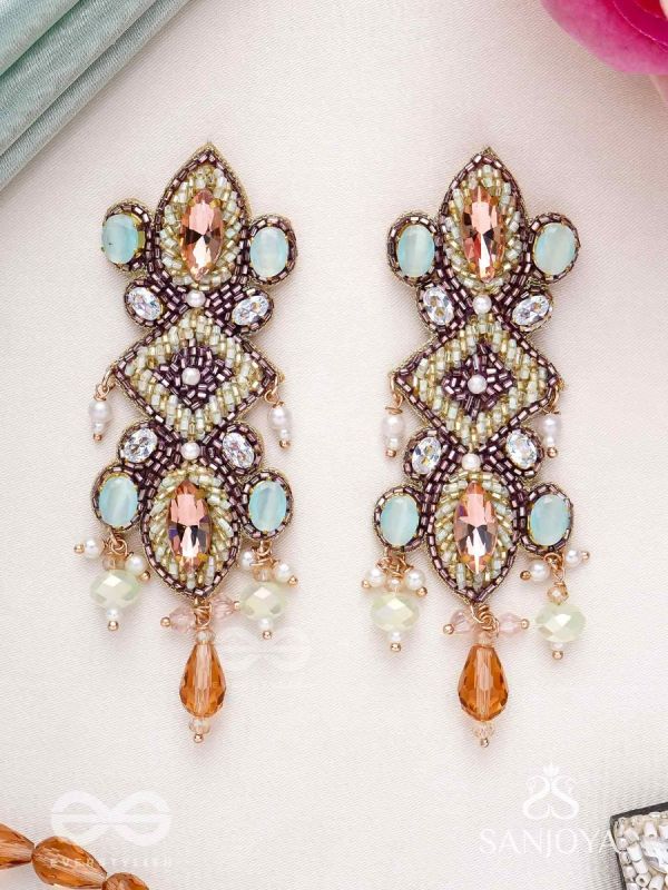 Shringarakundala-Ornamental Earrings-Turquoise and tangerine stones, embellished with Beads and Pearls.