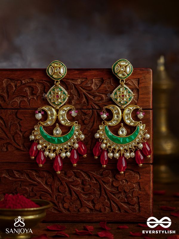 CHANDRAPRIYA " BELOVED OF THE MOON" GOLD LIKE DESIGN WITH A BLEND OF PEARLS, KUNDAN, VIBRANT RED DROPS AND CRESCENT MOTIFS