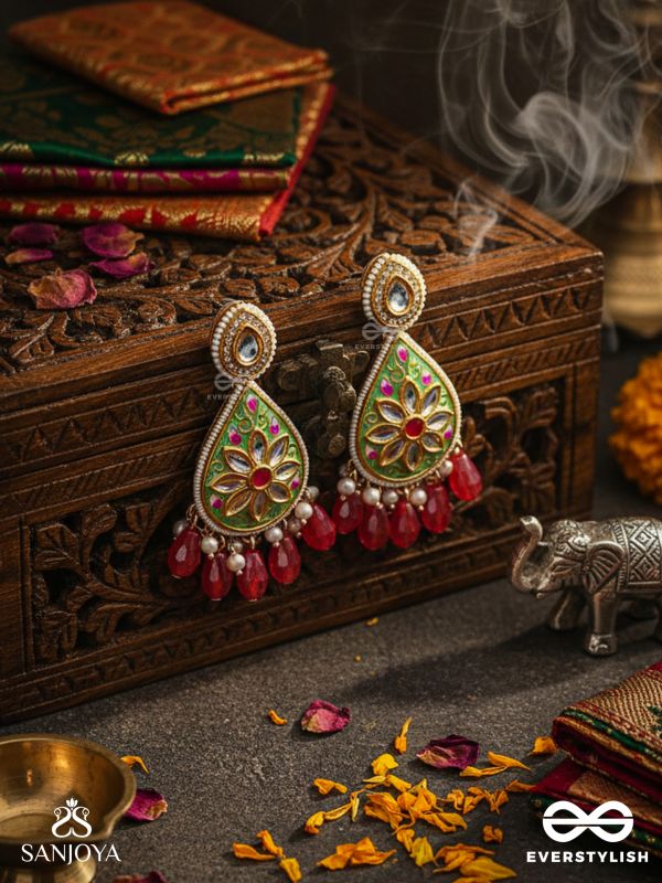 ARUNODAYA - DAWN'S BEAUTY - STONES, GLASS DROPS AND PEARLS KUNDAN HAND EMBROIDERED EARRINGS 