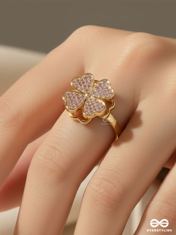 LUCKY FOUR LEAFED CLOVER -   ANXIETY SPINNING RING INLAID WITH CUBIC ZICRONIA STONES