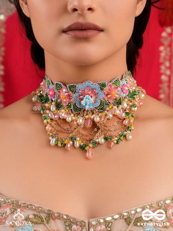 MADHUVRATA - SPRING BLOOM - DELICATE EMBROIDERED CHOKER WITH FLORAL MOTIFS, BEADS AND PEARL DROPS