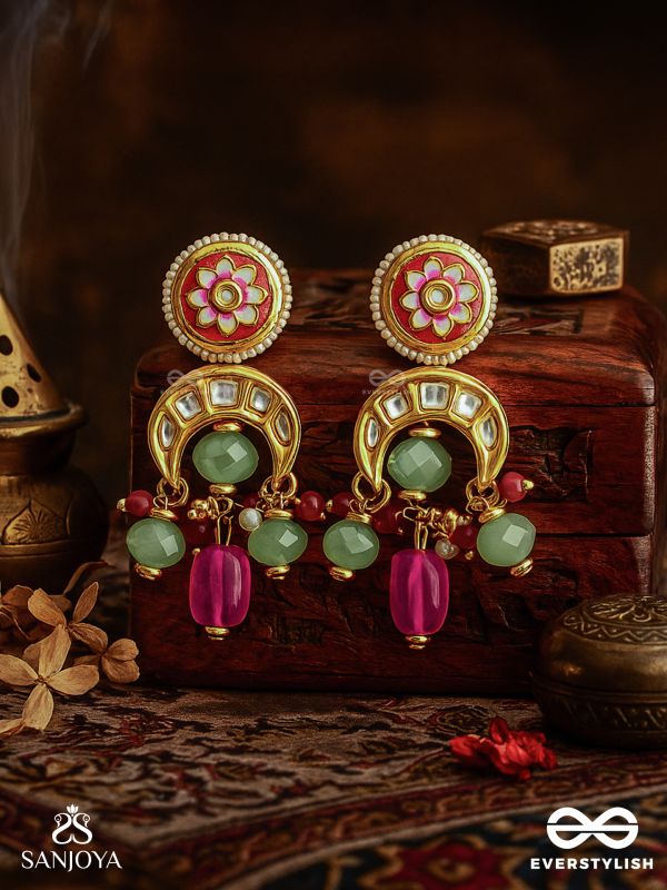 SHONAPRABHA- RADIANCE OF GOLD AND RED- HANDCRAFTED KUNDAN EARRINGS  WITH GOLDEN MOONS AND RED BEADS