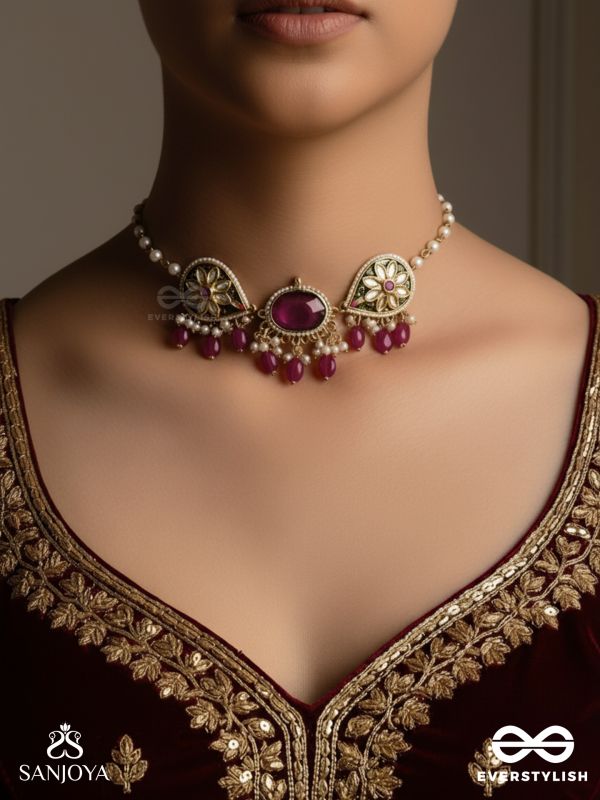 SINDURINI - VERMILION GRACE - STATEMENT KUNDAN POLKI NECKLACE WITH RED GEMSTONES AND ENAMEL ACCENTS