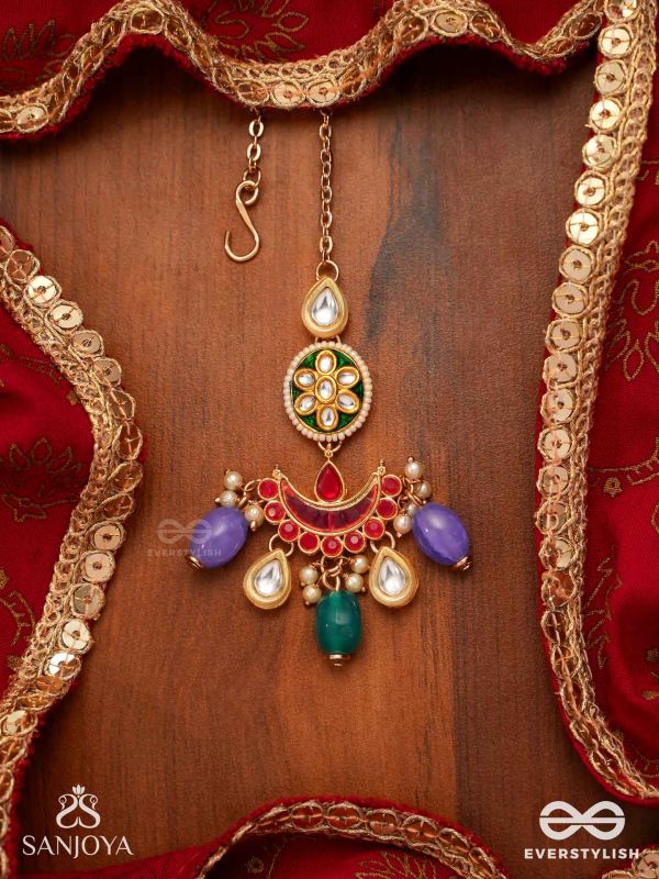 RANGAMAYA - FILLED WITH COLORS- INTRICATE KUNDAN CRESCENTS ENAMELLED MAANGTIKA WITH VIBRANT BEADED FRINGES AND PEARLS