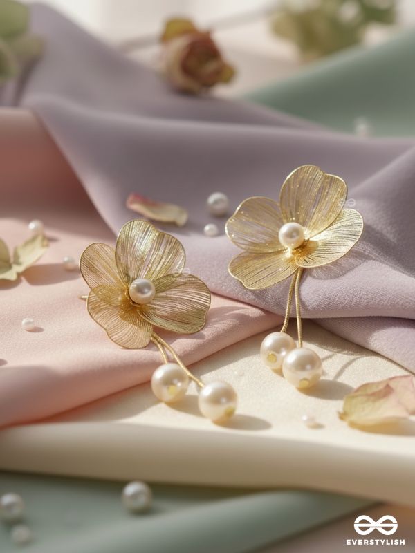 PETAL CASCADE – GOLDEN FLORAL EARRINGS WITH PEARL DROPS