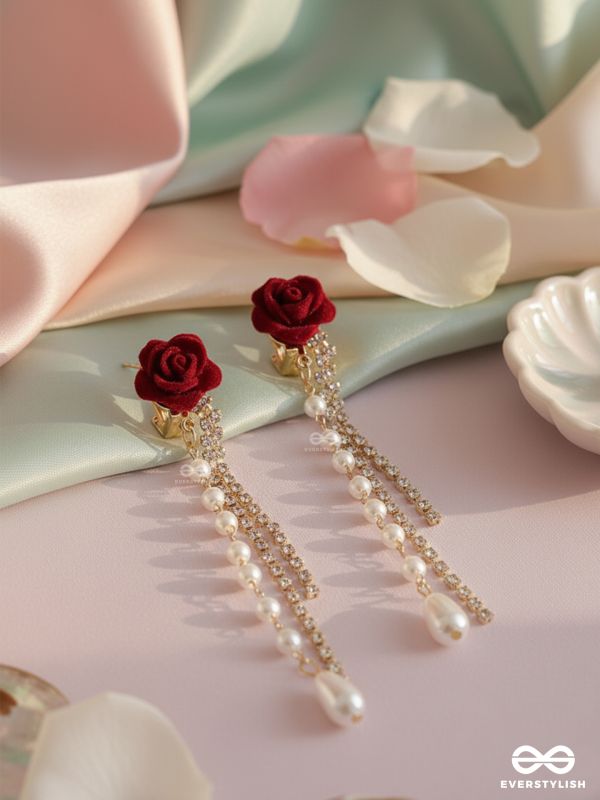 SCARLET FALL – ELEGANT ROSE CHAIN DANGLER EARRINGS