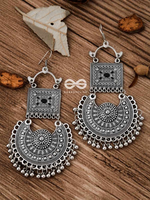 The Multilayered Embellished Trunk Danglers (Black) - Oxidised Boho Earrings