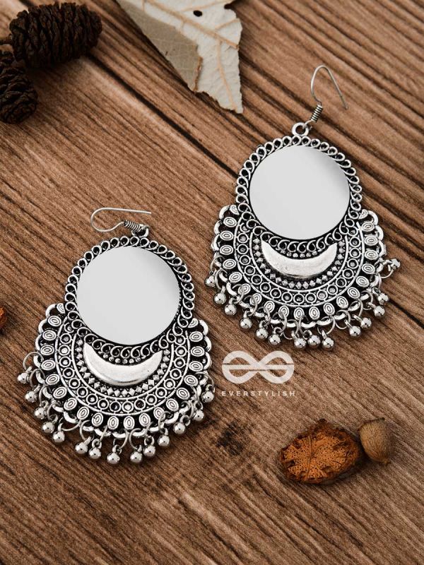 The Mirror Motif Moons - Oxidised Boho Earrings