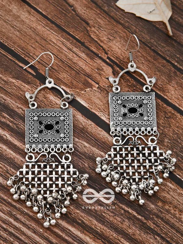 The Embellished Trunk Criss Cross Danglers (Black) - Oxidised Boho Earrings