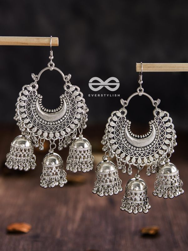 The Motif Moon Triple Jhumkas - Oxidised Boho Earrings