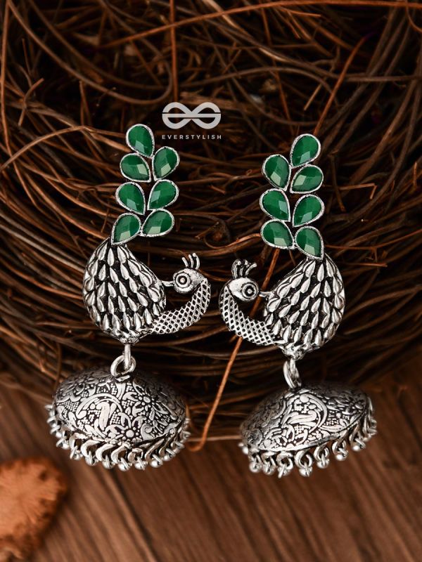 The Dancing Peacocks Engraved Jhumkis (Emerald Green) - Embellished Oxidised Collection