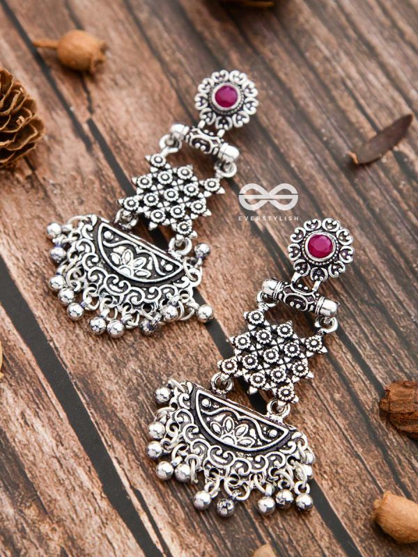 The Embellished Oxidised Collection - Intricate Delight Earrings- Red