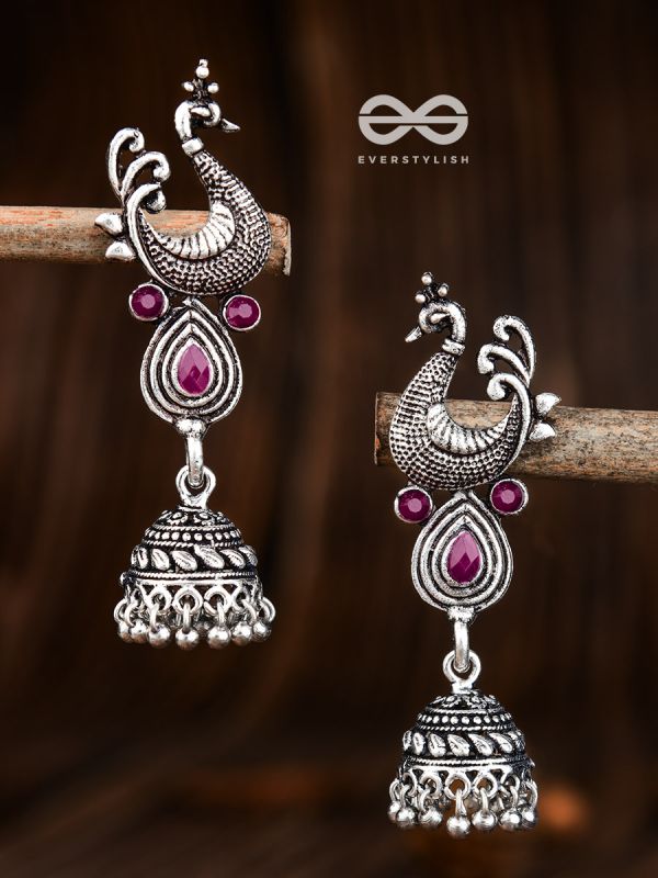 The Dangling Peacock Jhumkis (Ruby Red) - The Embellished Oxidised Collection