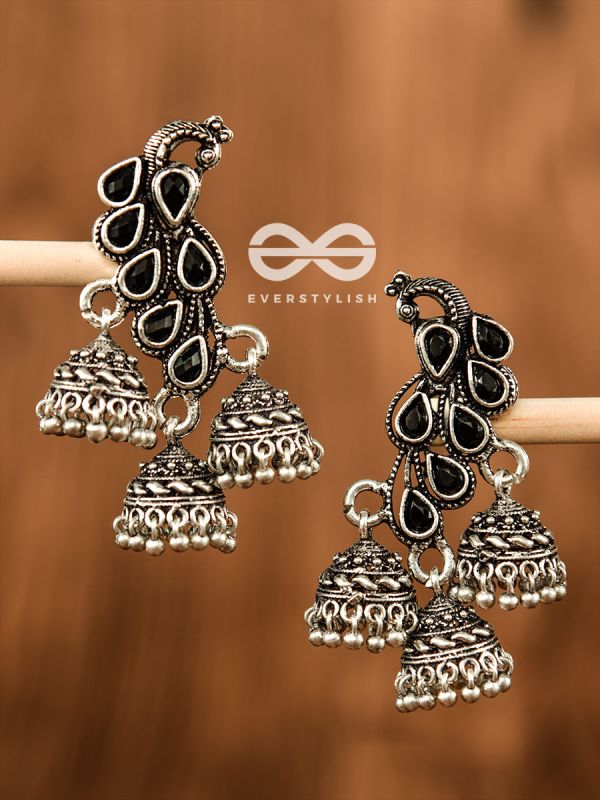 The Elegant Triple Jhumki Peacocks (Onyx Black) - Embellished Oxidised Collection