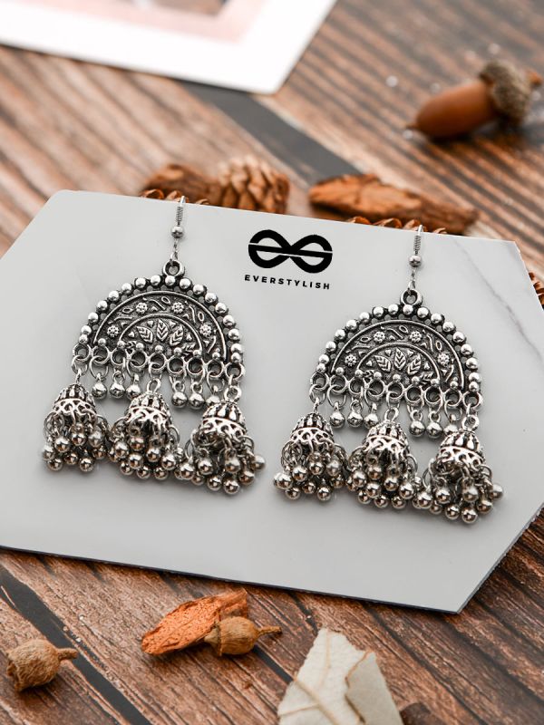 The Motif Moon Jhumkis - Oxidised Boho Earrings