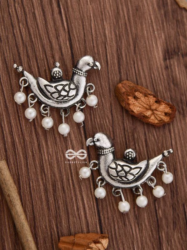 The Dangling Pearl Parrots - Oxidised Boho Earrings