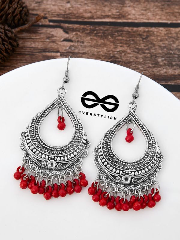 The Intricate Motif Drops - Oxidised Boho Earrings - Red