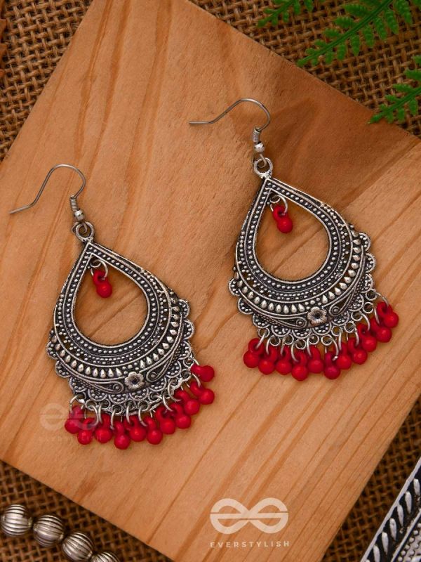 The Intricate Motif Drops - Oxidised Boho Earrings - Red