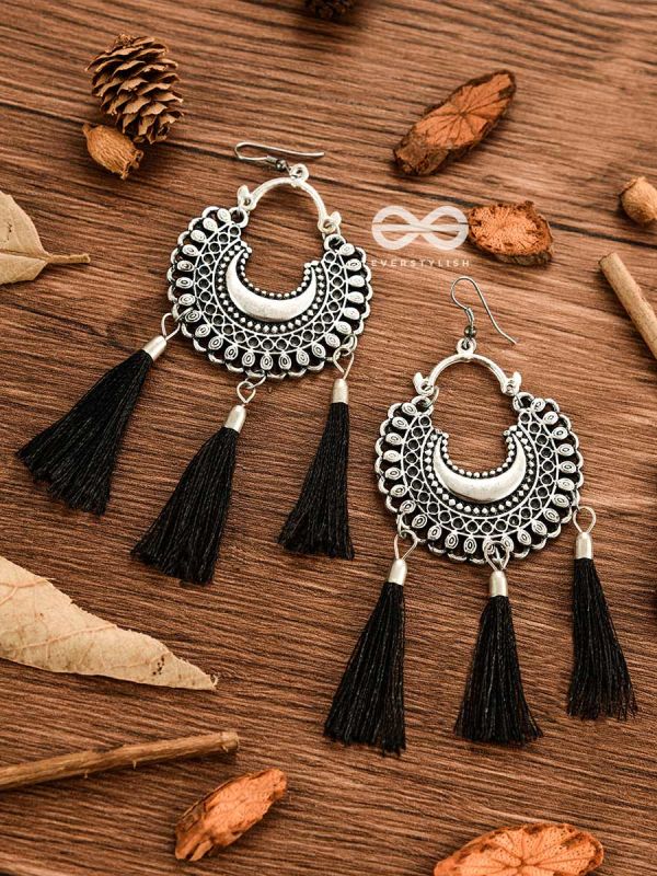 The Motif Moon Tassels (Black) - Oxidised Boho Earrings