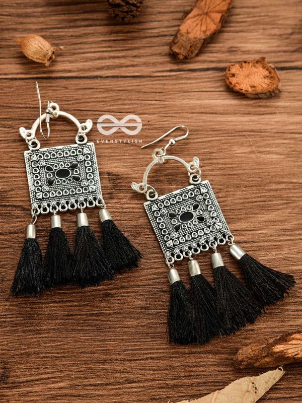 The Embellished Trunk Tassels (Black) - Oxidised Boho Earrings