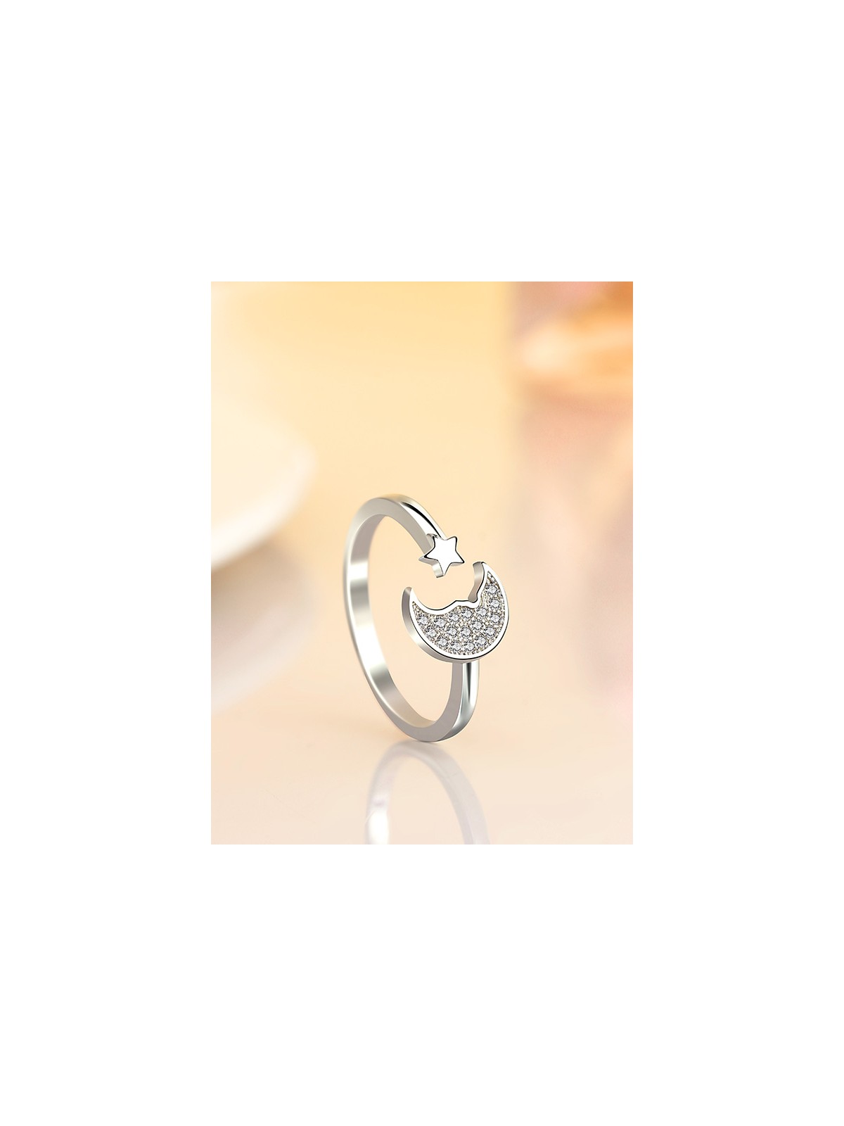 Stars and crescent moon adjustable ring in silver