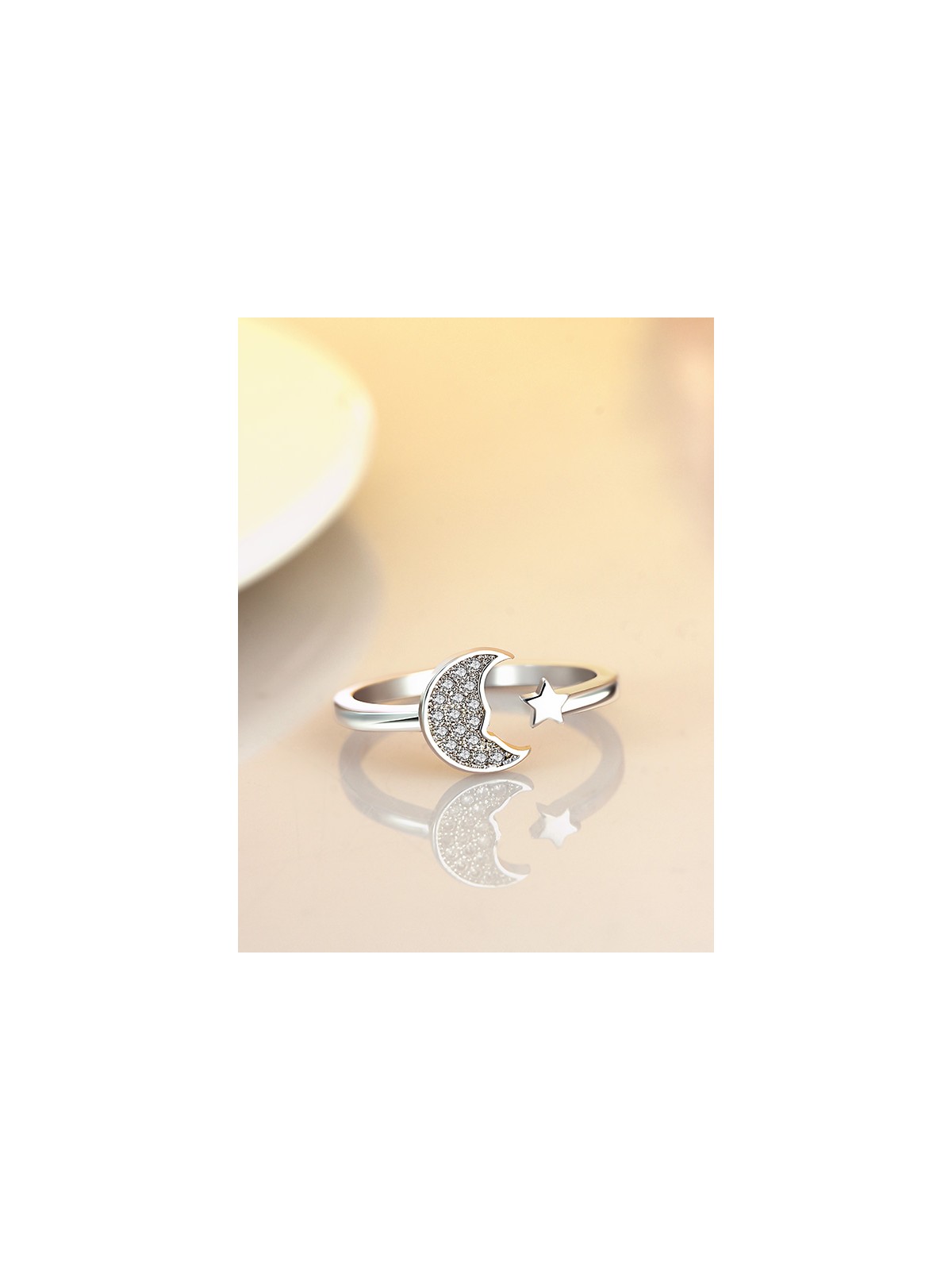 Stars and crescent moon adjustable ring in silver