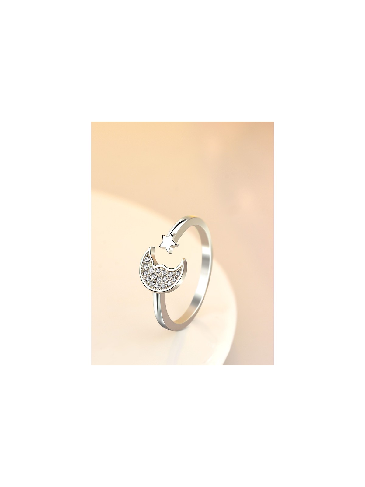 Stars and crescent moon adjustable ring in silver