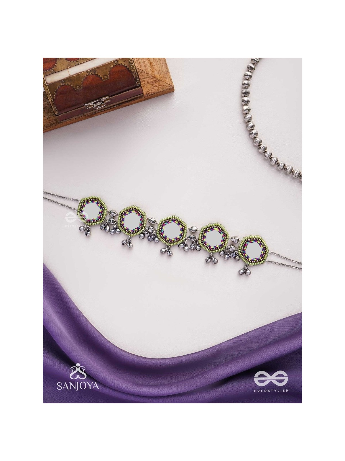 Chāyāmālā-Reflective choker- oxidized choker featuring intricate beadwork, mirrors, ghungroo (small bells), and thread details