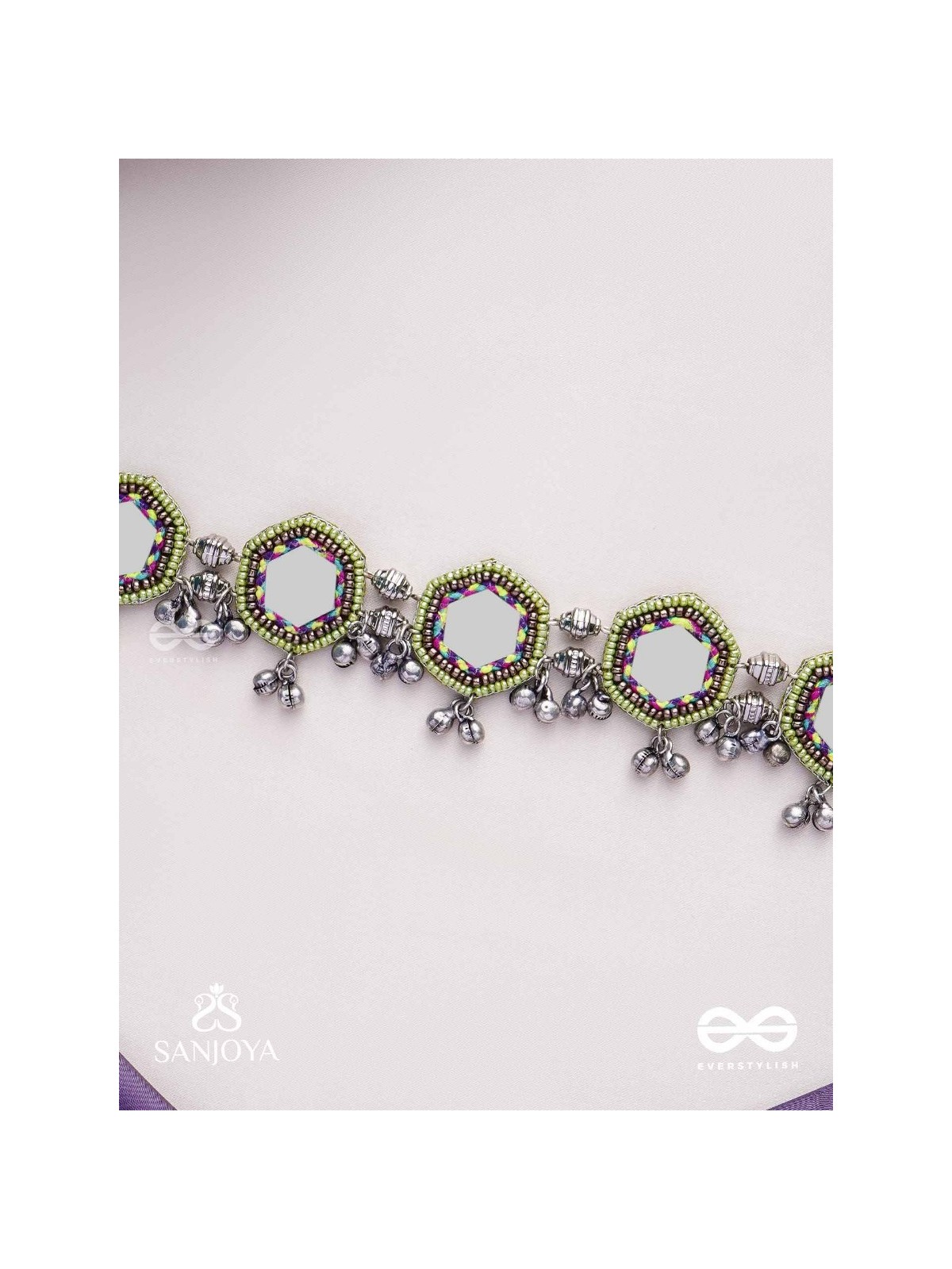 Chāyāmālā-Reflective choker- oxidized choker featuring intricate beadwork, mirrors, ghungroo (small bells), and thread details