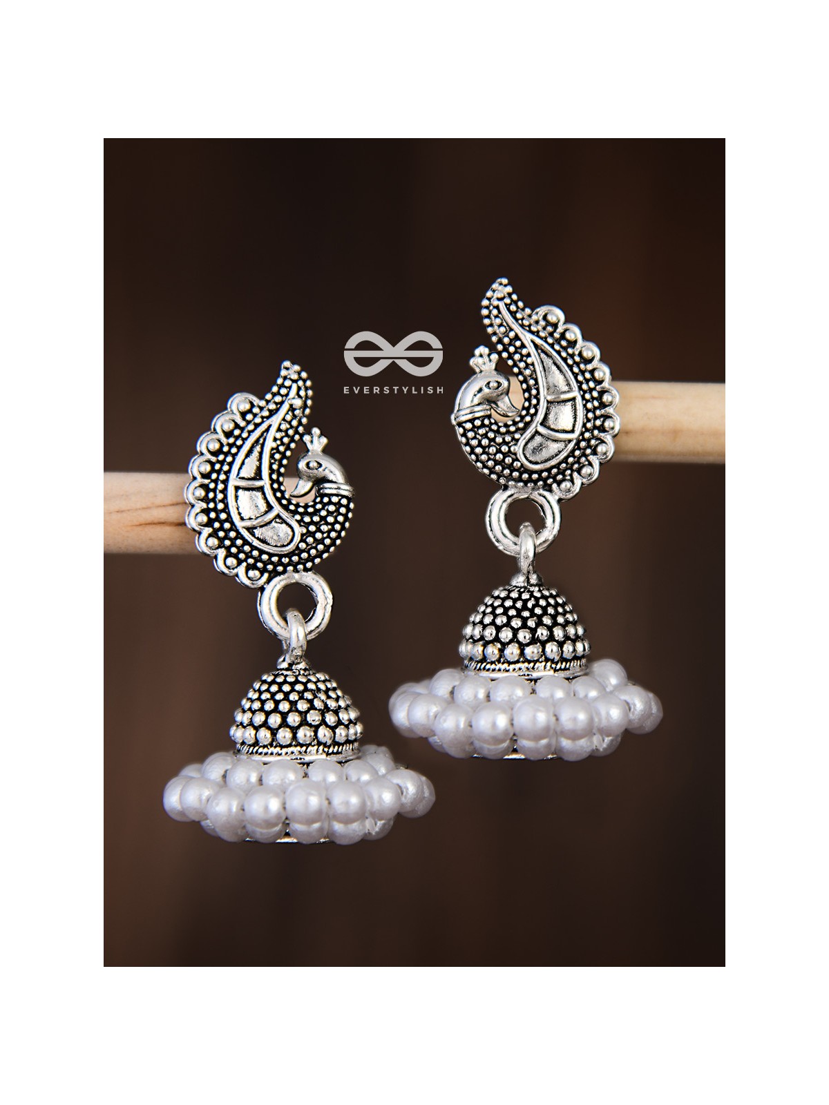 The Braided Pearl Peacock Jhumkis - Oxidised Boho Earrings