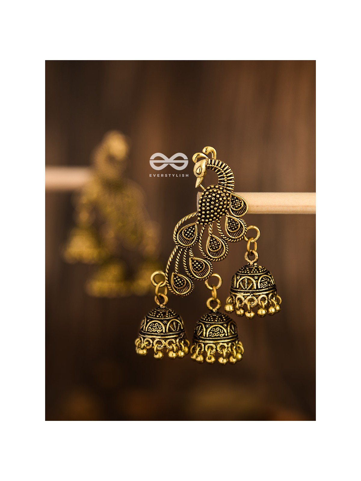 The Intricate Peacocks (Golden) - Triple Boho Jhumki Earrings