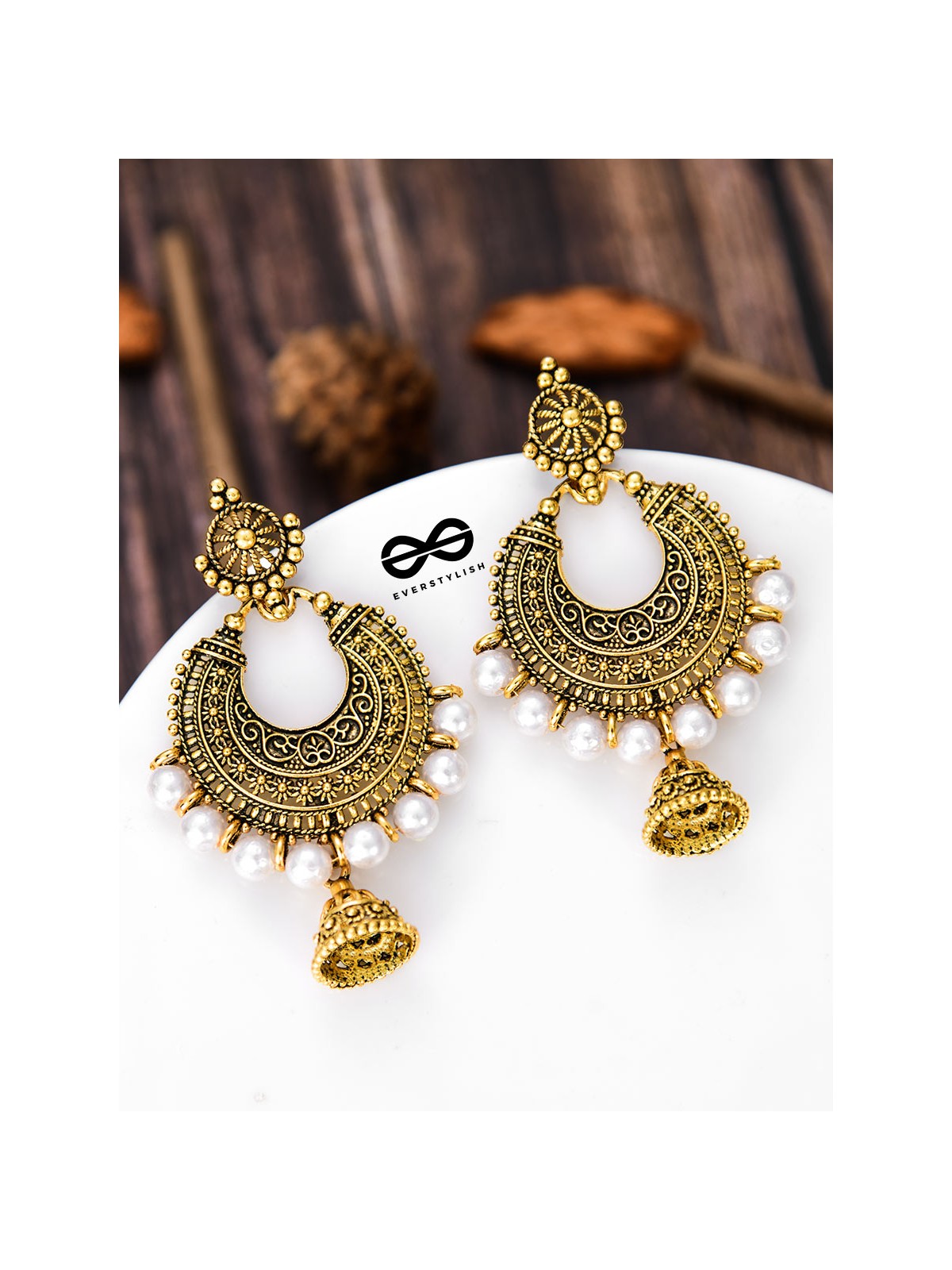 The Golden Motif Pearl Jhumkis - Oxidised Boho Earrings