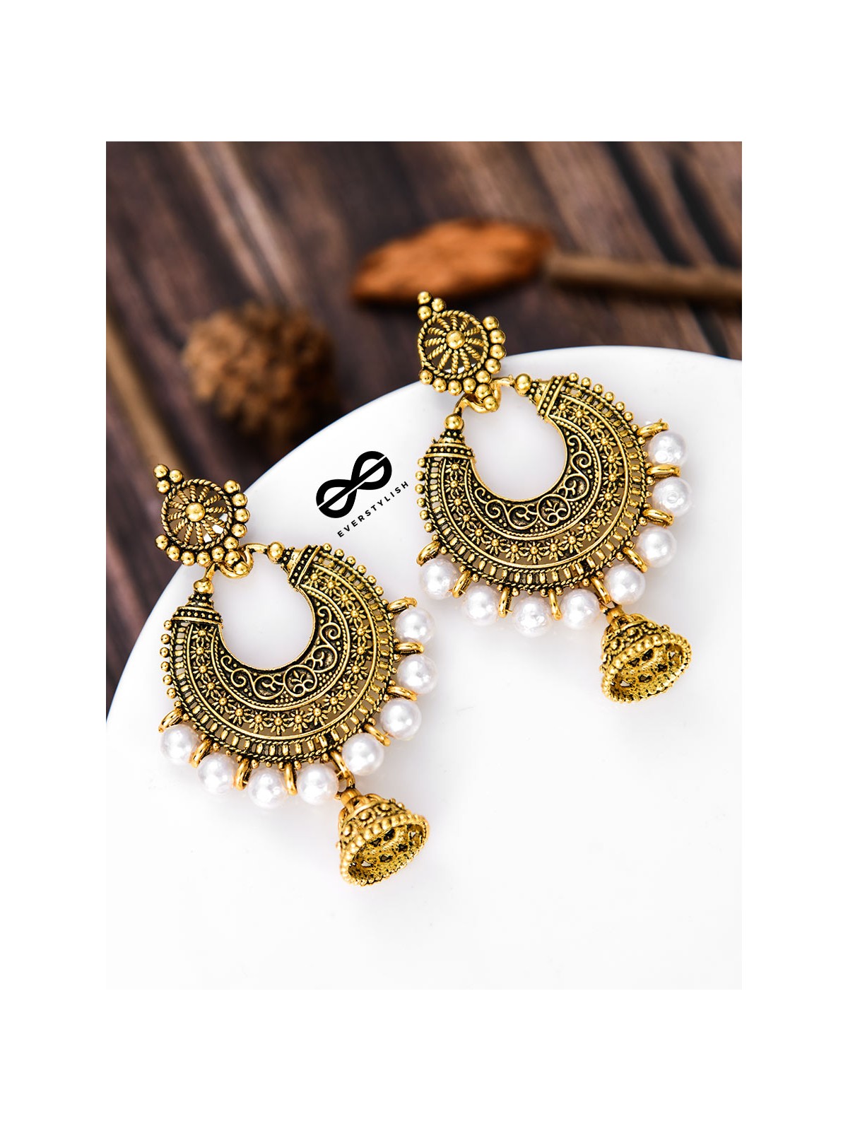 The Golden Motif Pearl Jhumkis - Oxidised Boho Earrings