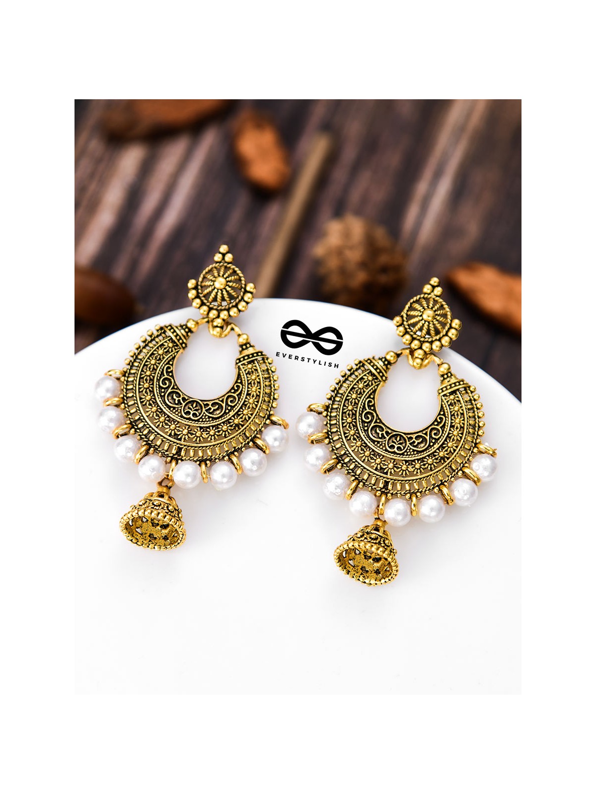 The Golden Motif Pearl Jhumkis - Oxidised Boho Earrings