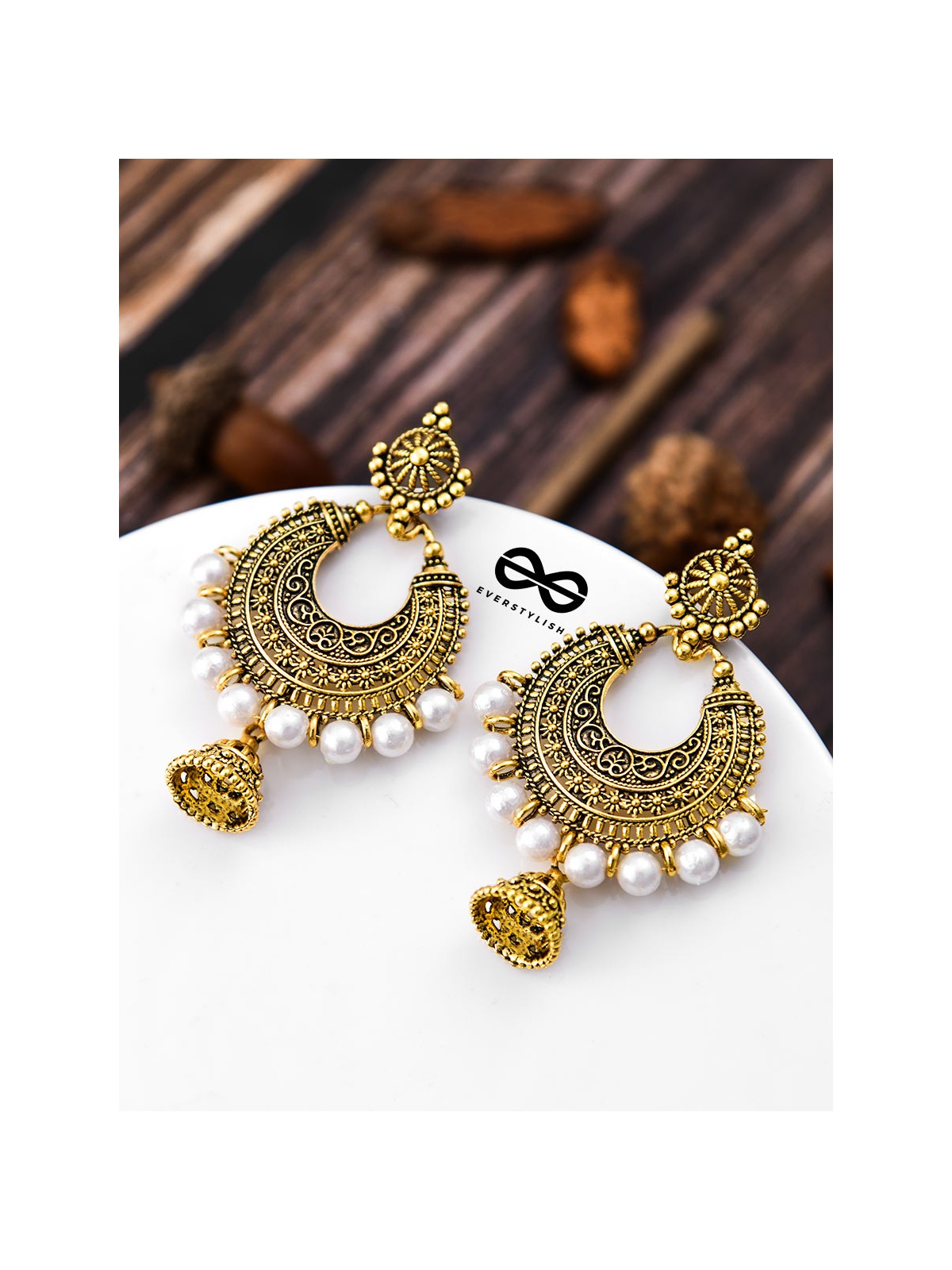 The Golden Motif Pearl Jhumkis - Oxidised Boho Earrings