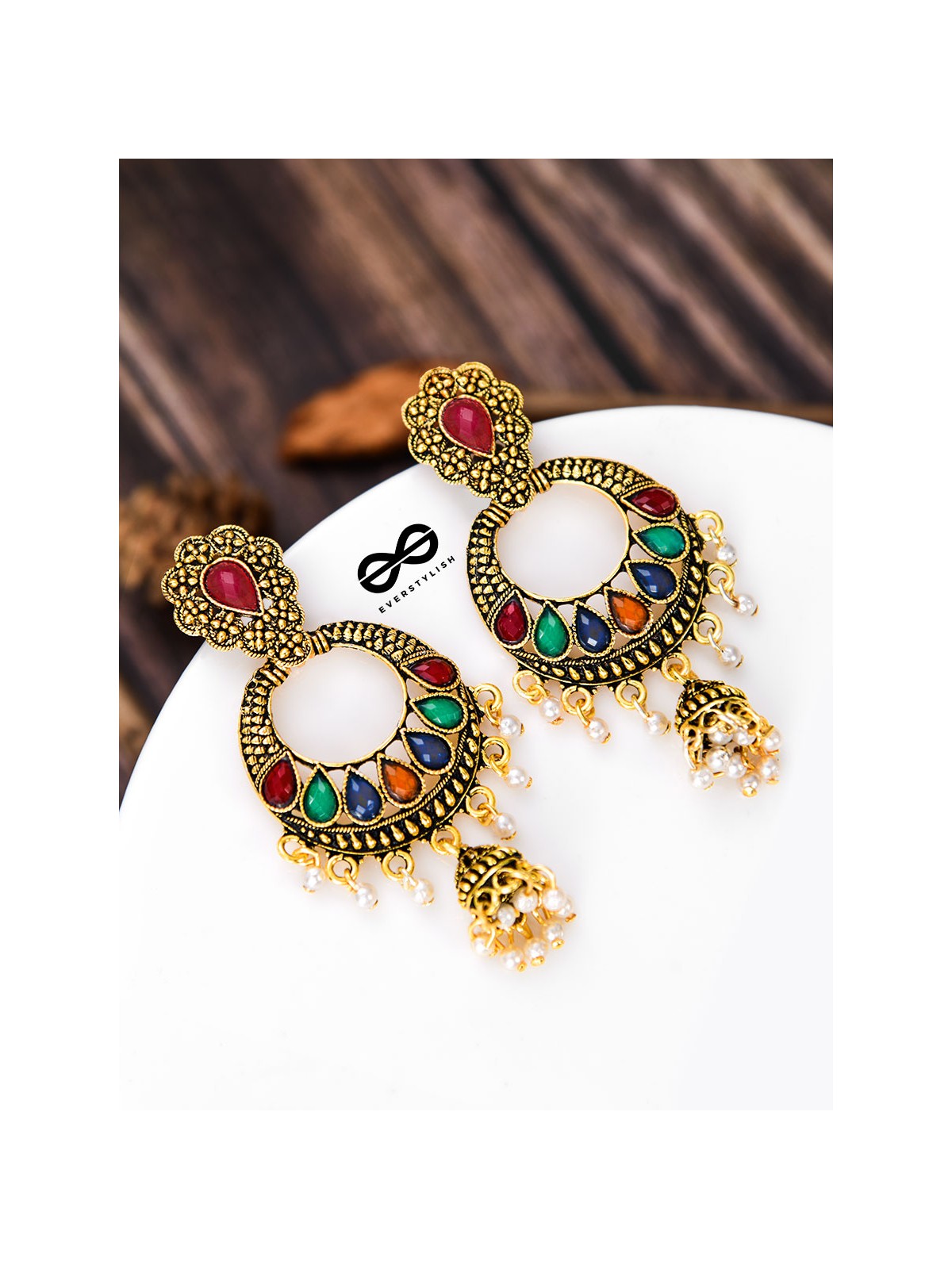 The Golden Embellished Jhumki Artwork - Embellished Oxidised Earrings