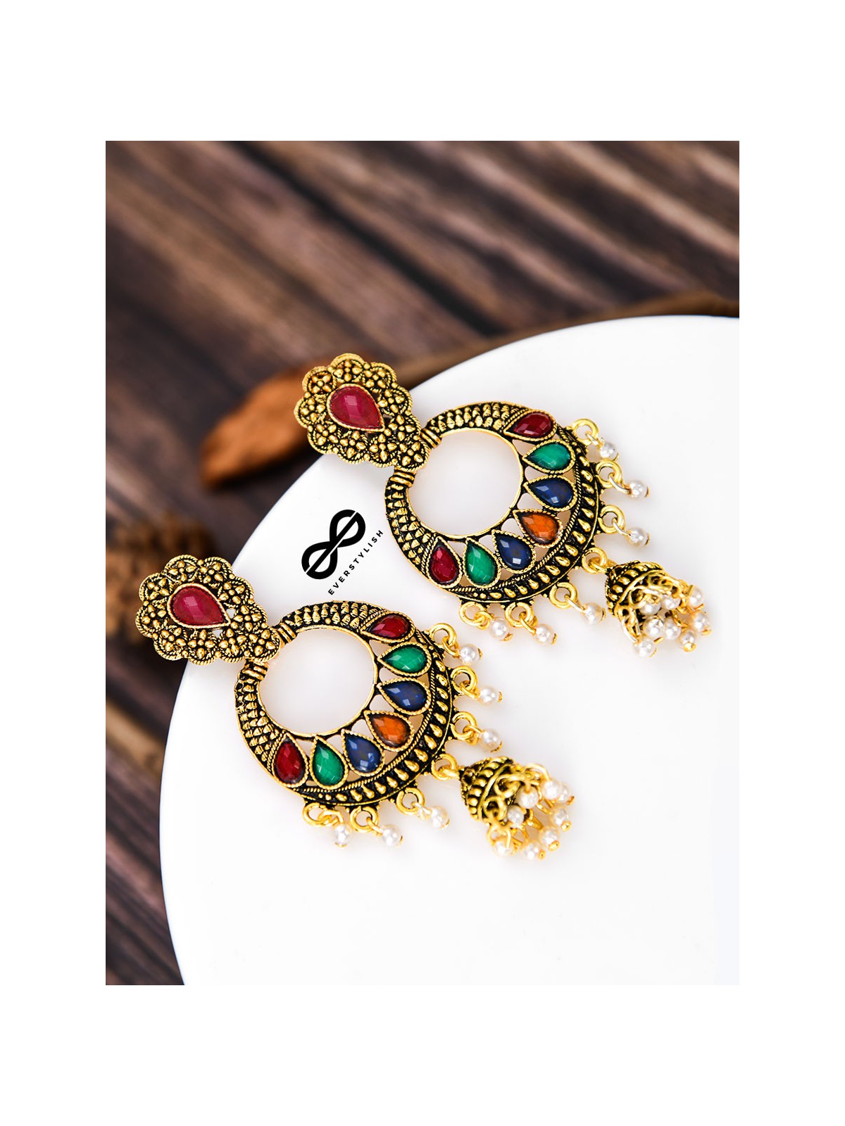 The Golden Embellished Jhumki Artwork - Embellished Oxidised Earrings