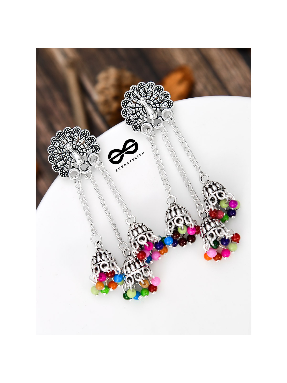 The Fanning Peacock Triple Multicolour Jhumkis - Oxidised Boho Earrings