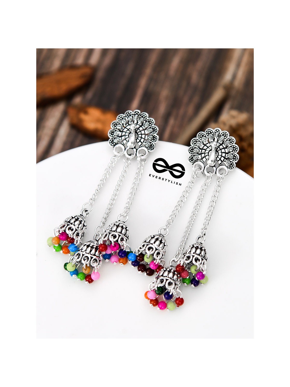 The Fanning Peacock Triple Multicolour Jhumkis - Oxidised Boho Earrings