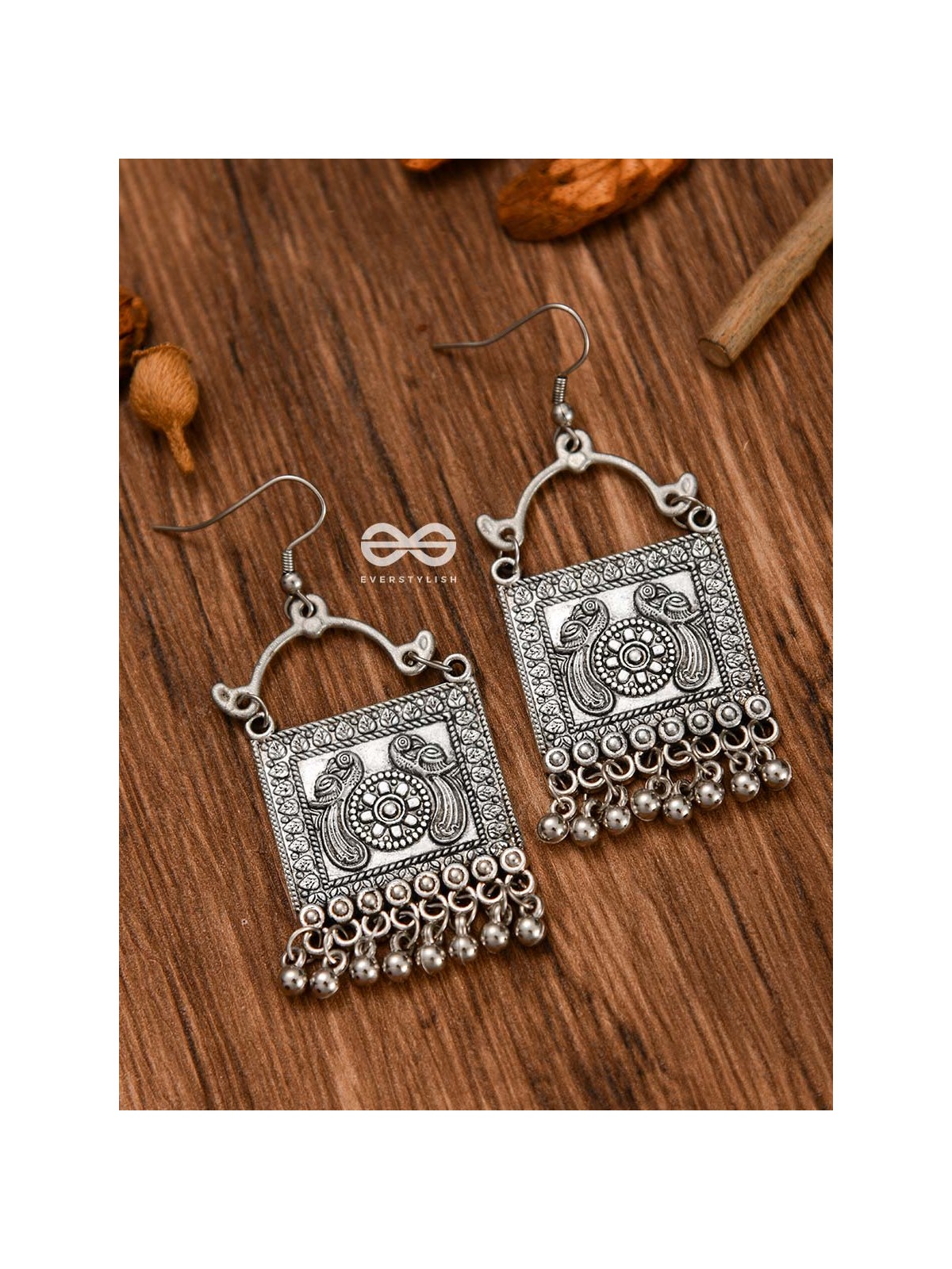 The Twin Peacock Artwork - Oxidised Boho Earrings