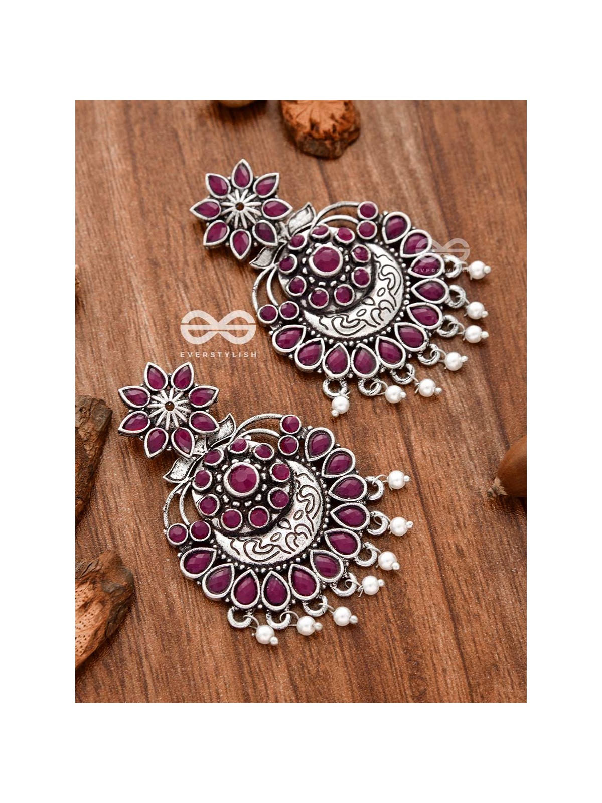 The Statement of Intricacy (Ruby Red) - Embellished Oxidised Earrings 