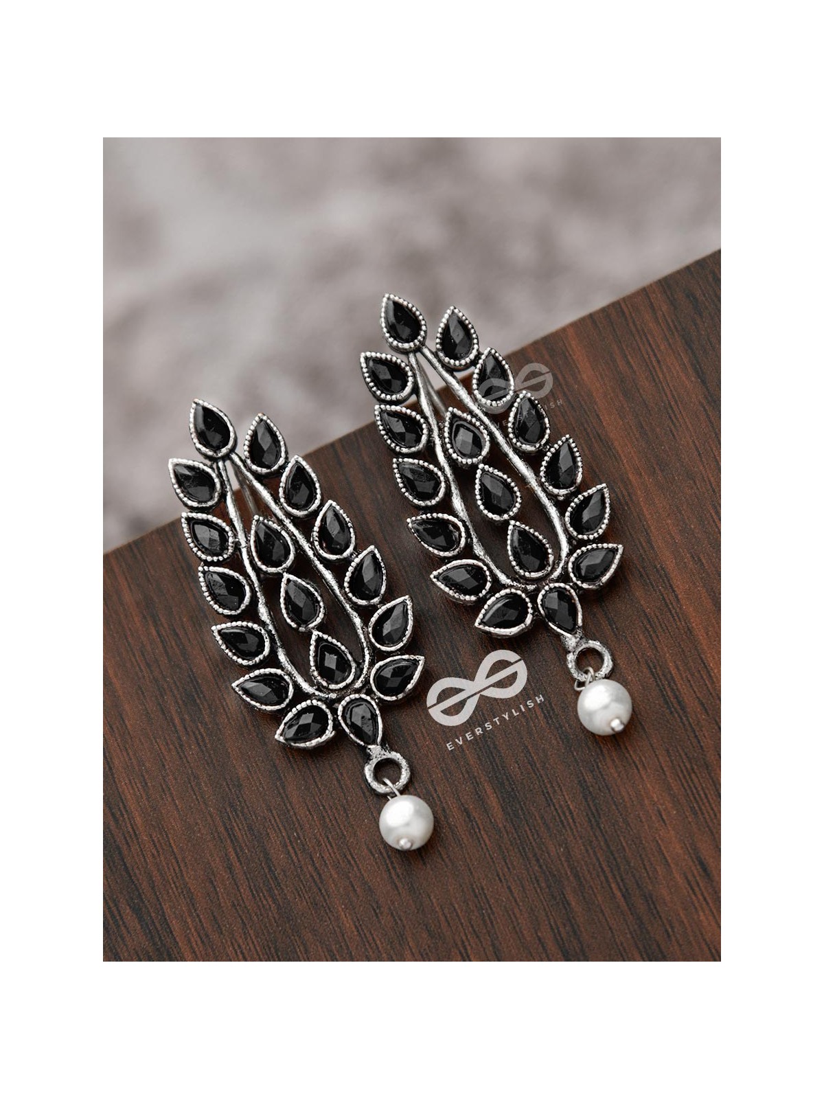 The Shimmering Leaves (Onyx Black)- Embellished Oxidised Earrings