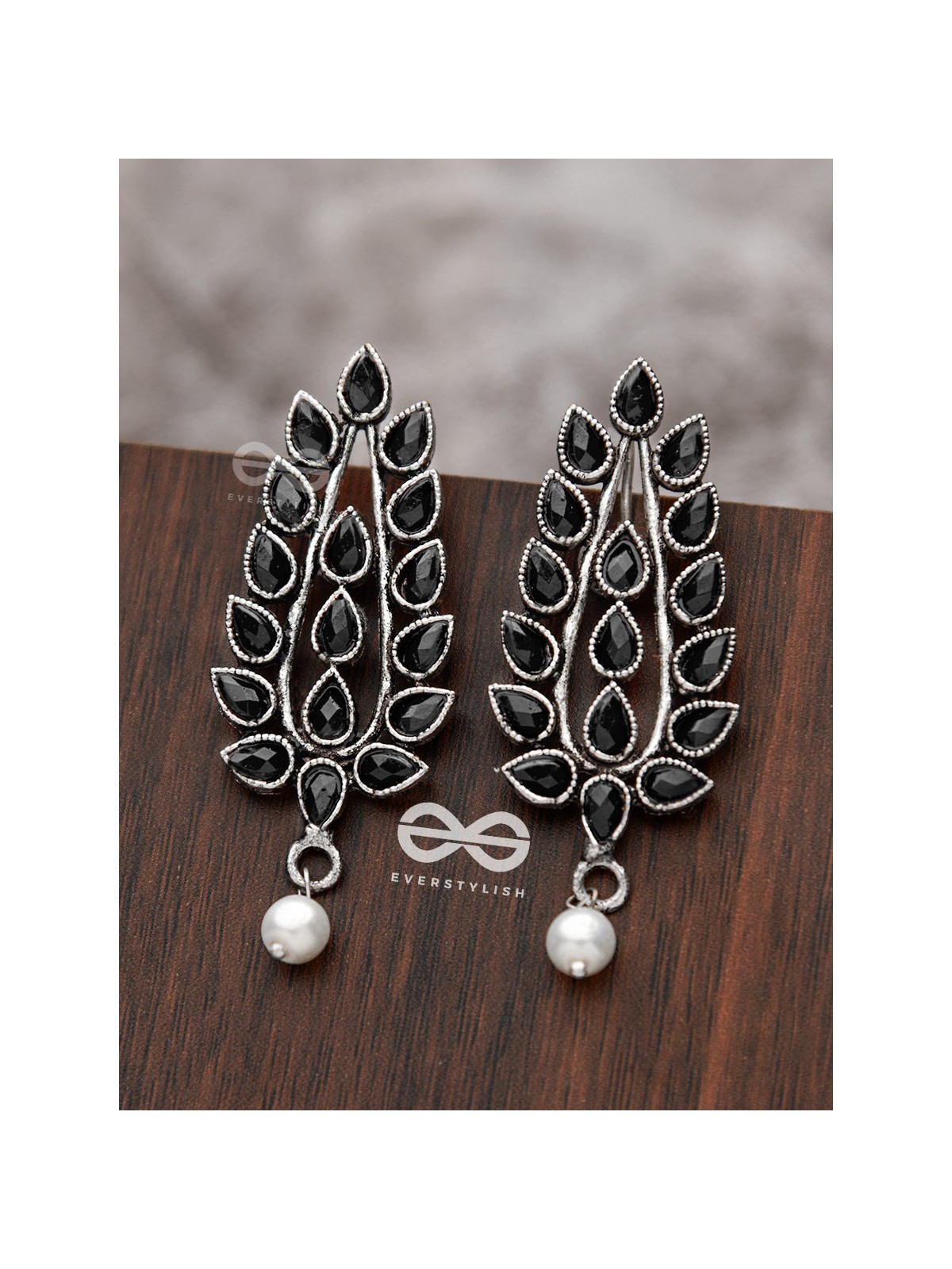 The Shimmering Leaves (Onyx Black)- Embellished Oxidised Earrings