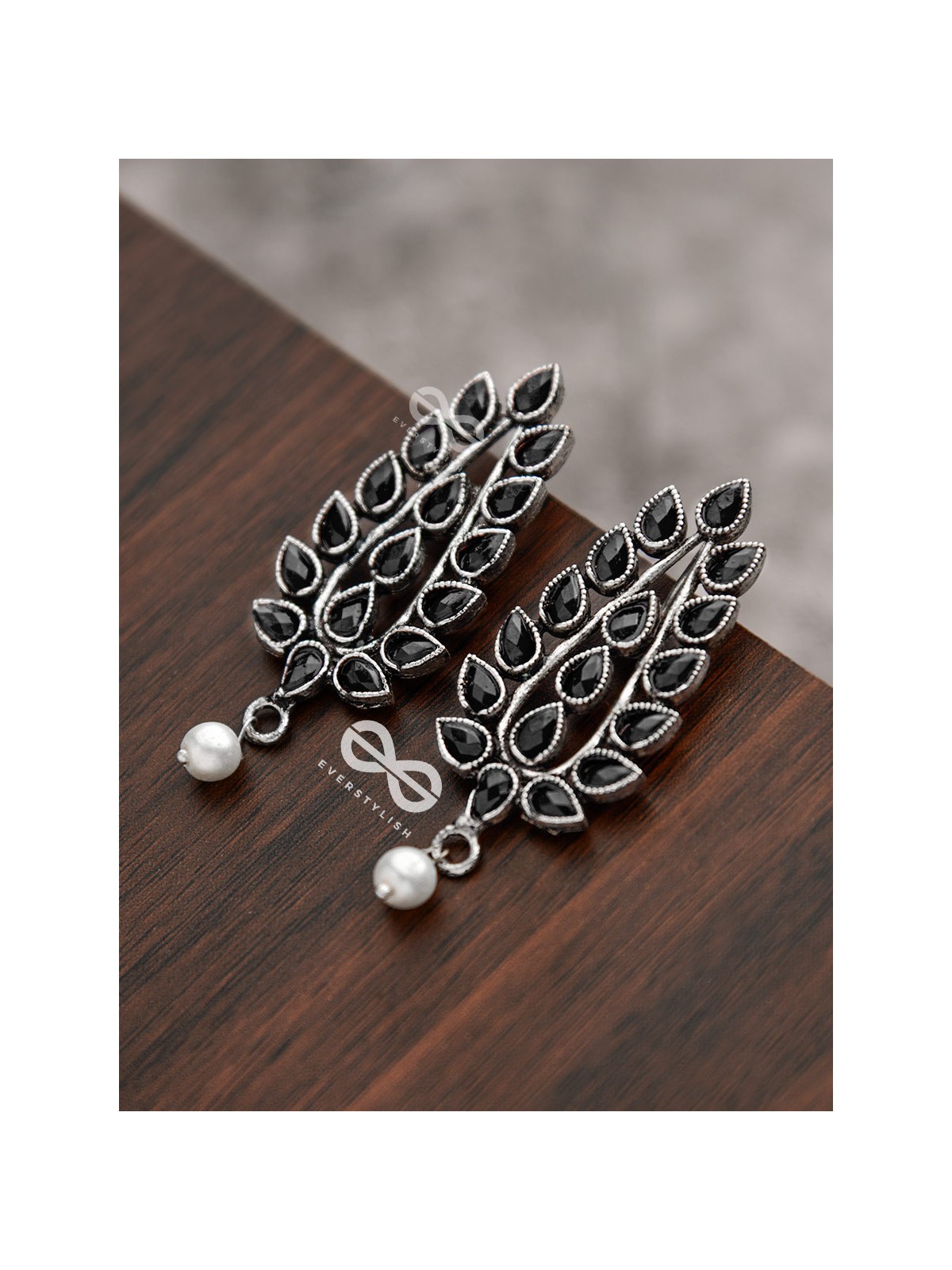 The Shimmering Leaves (Onyx Black)- Embellished Oxidised Earrings