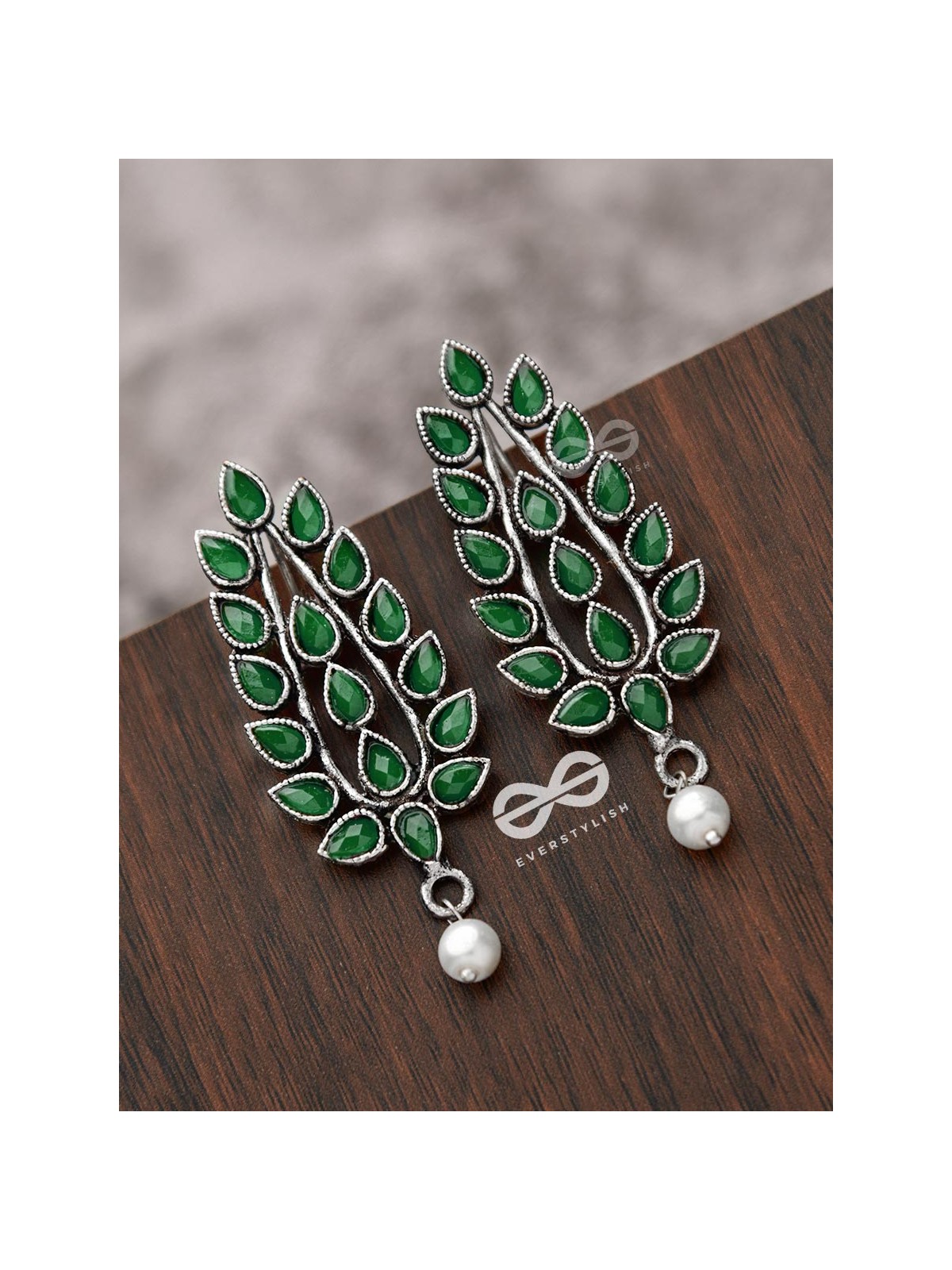 The Shimmering Leaves (Emerald Green)- Embellished Oxidised Earrings