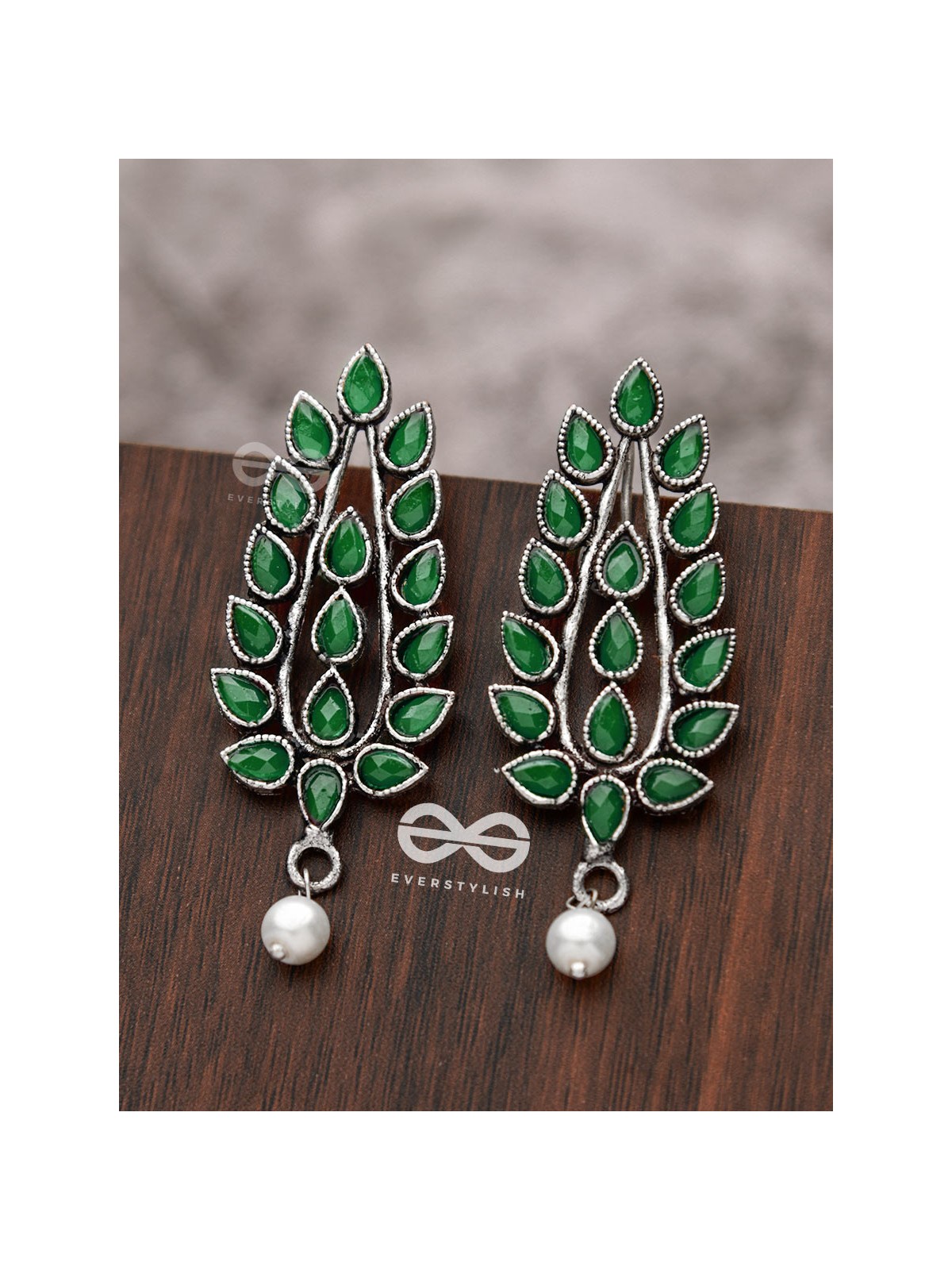 The Shimmering Leaves (Emerald Green)- Embellished Oxidised Earrings
