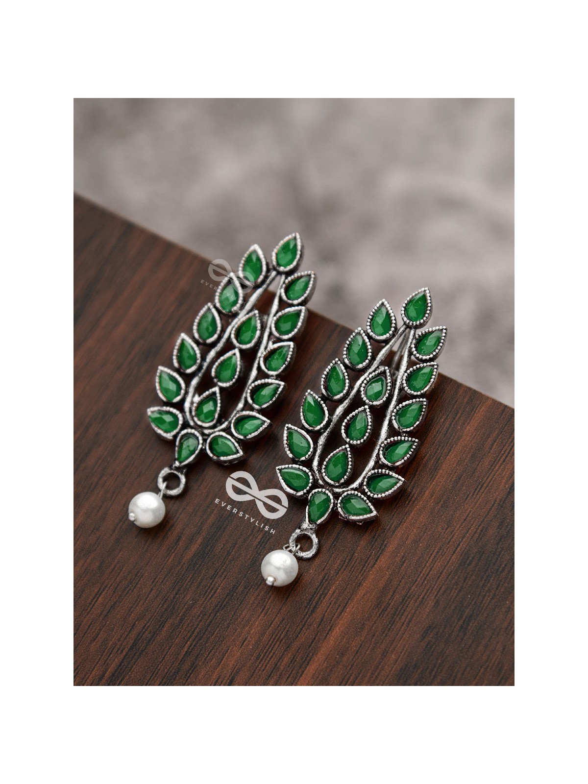 The Shimmering Leaves (Emerald Green)- Embellished Oxidised Earrings